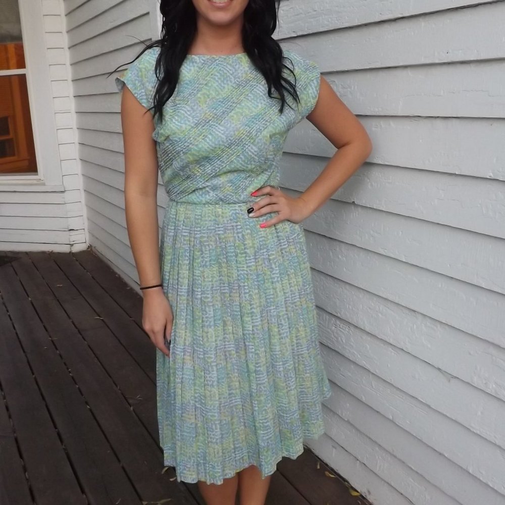 Vintage 50s Dress Print Pleated Blue Green Sheer S